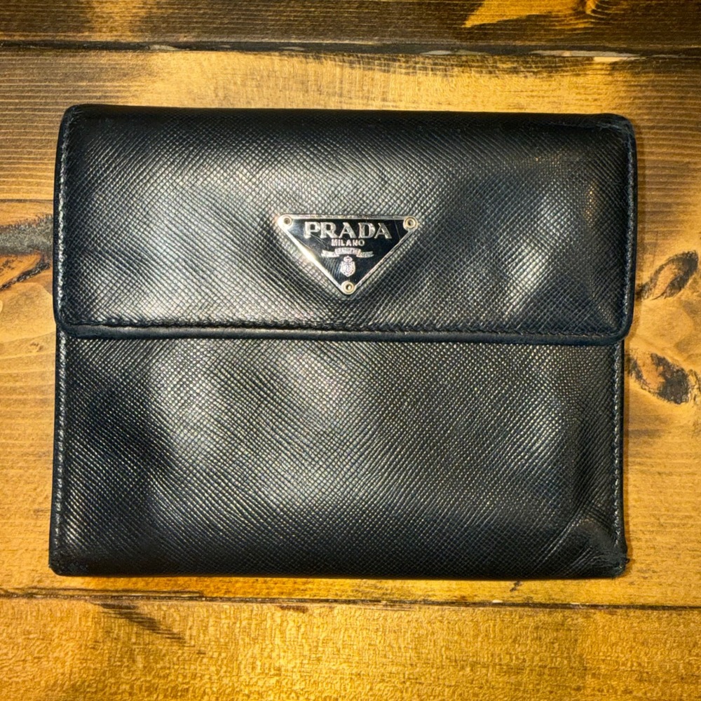 Prada Vintage Black Saffiano Leather Tri-Fold Wallet Triangle Logo Project Piece
